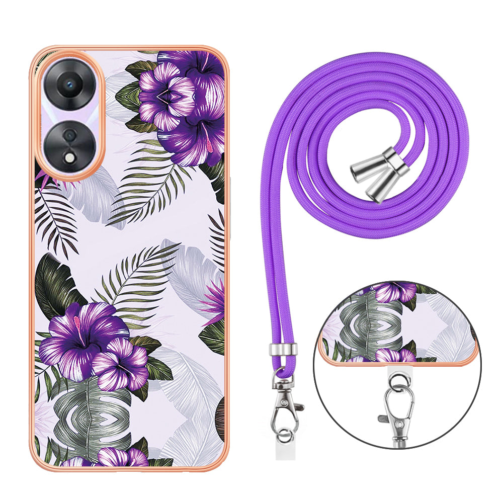 YB IMD Series-4 for Oppo A78 5G / A58 5G Electroplating TPU Cover IMD Marble Flower Pattern Phone Case with Lanyard - Purple Flowers YB IMD Series-4 for Oppo A78 5G / A58 5G Electroplating TPU Cover IMD Marble Flower Pattern Phone Case with Lanyard - Purple Flowers